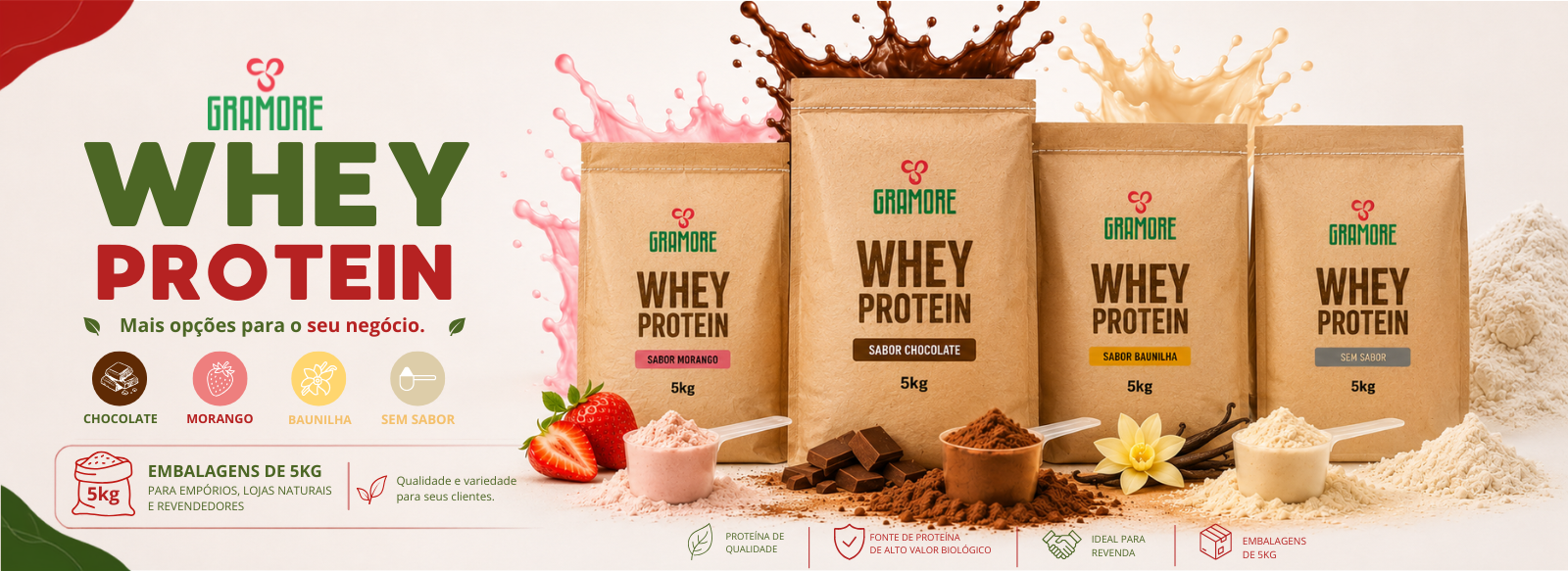Whey Protein - Sabores Morango, Chocolate, Baunilha e Sem Sabor.