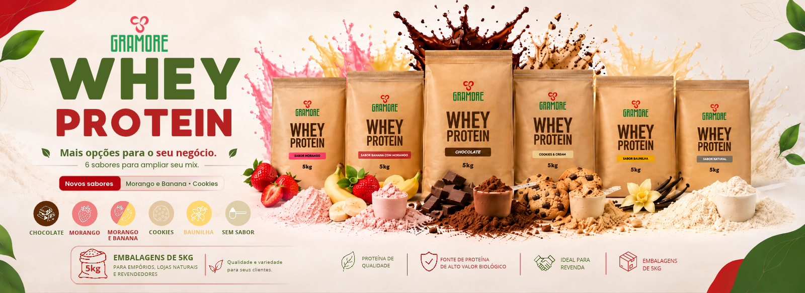 Whey Protein - Sabores Morango, Chocolate, Baunilha e Sem Sabor.