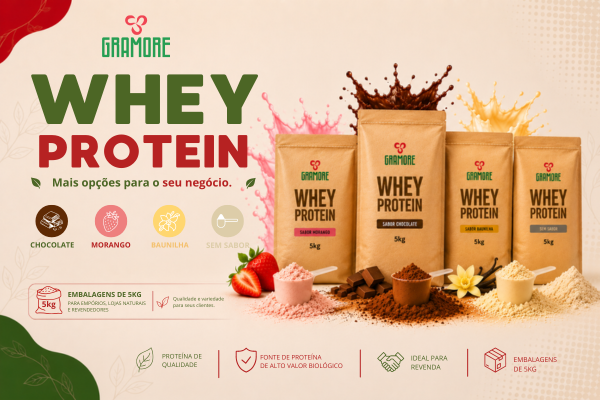 Whey Protein - Sabores Morango, Chocolate, Baunilha e Sem Sabor.