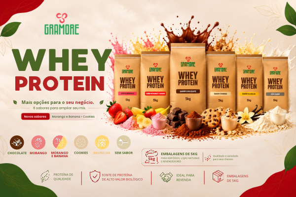 Whey Protein - Sabores Morango, Chocolate, Baunilha e Sem Sabor.
